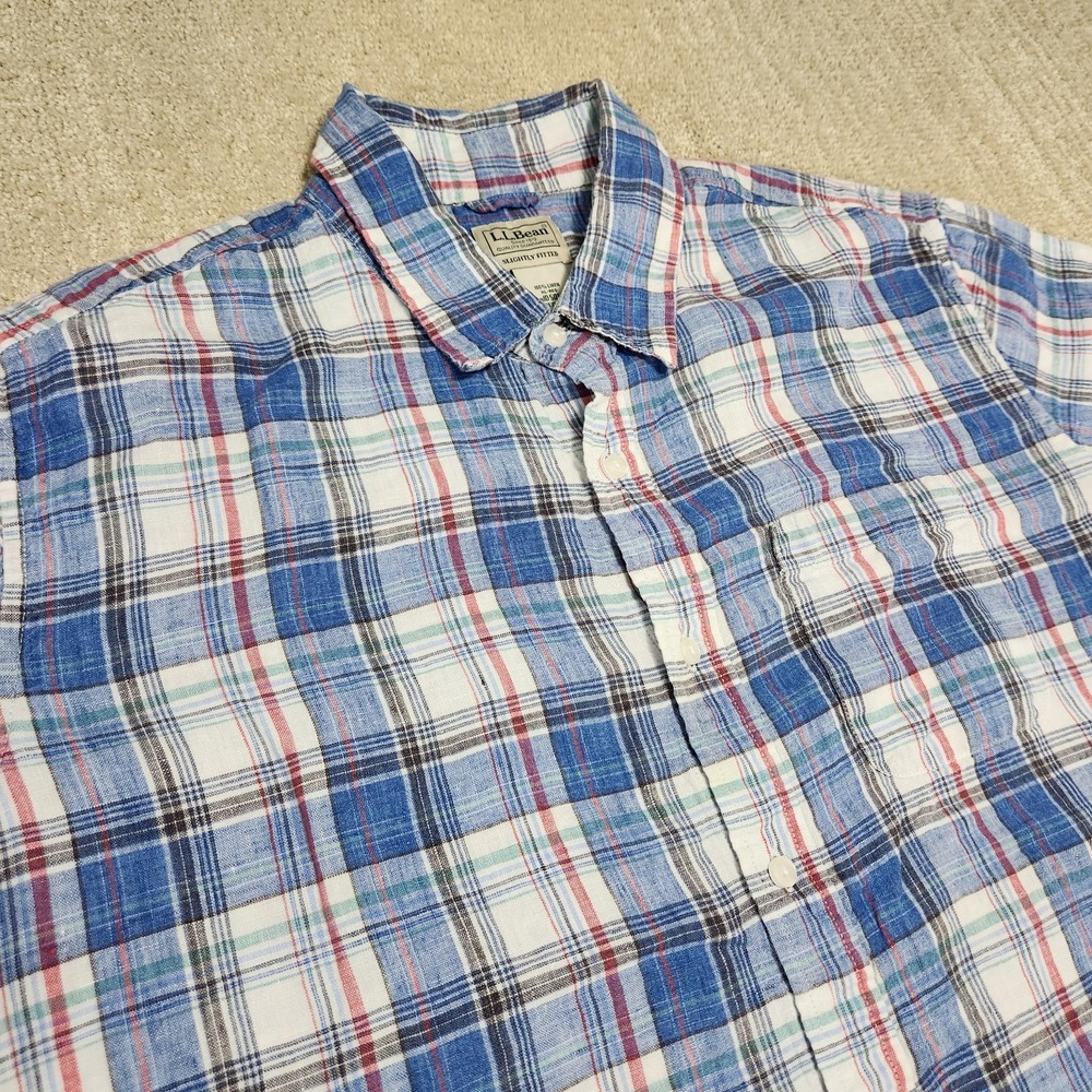 LL Bean Womens XL Blue‎ Plaid 100% Linen Short Sleeve Button Down Shirt 501962